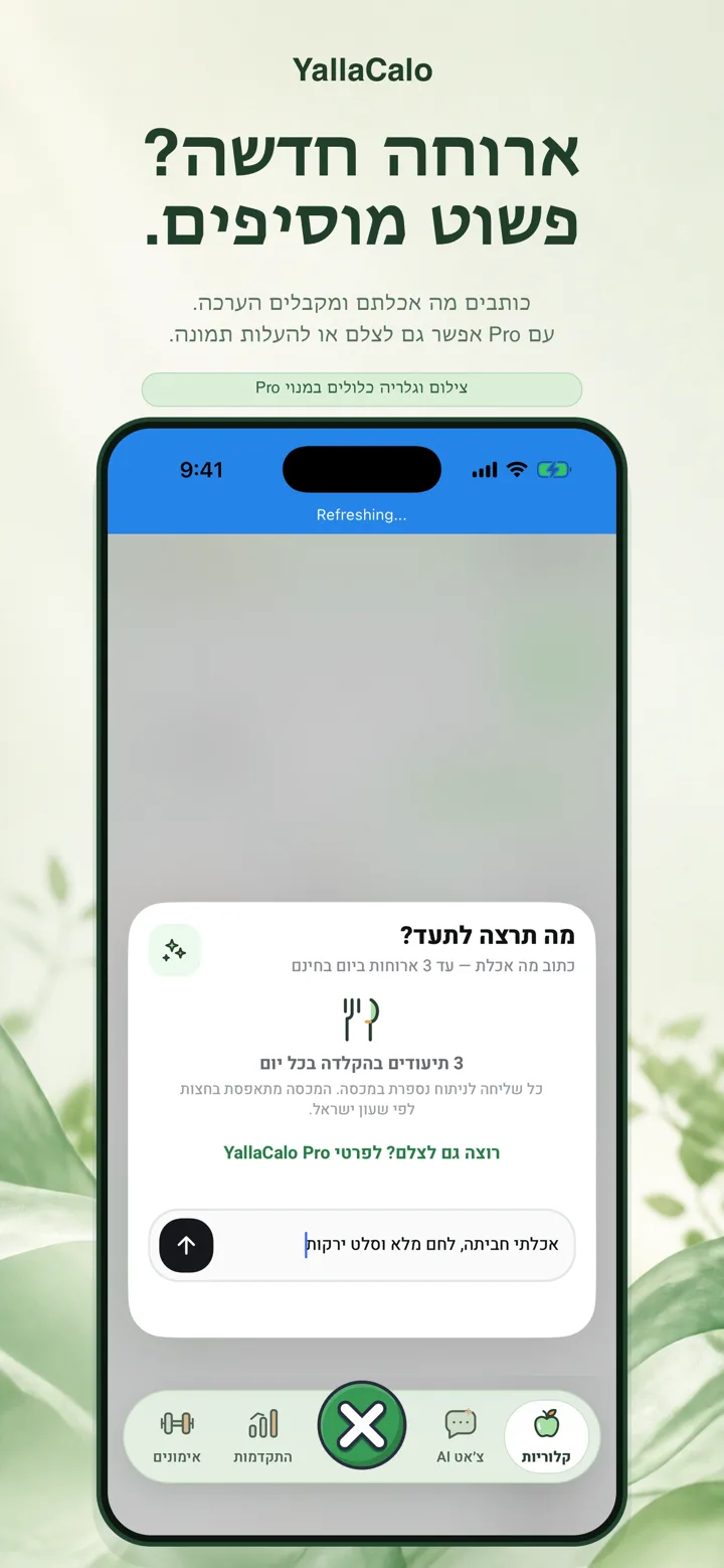 מסך תיעוד ארוחה חדשה