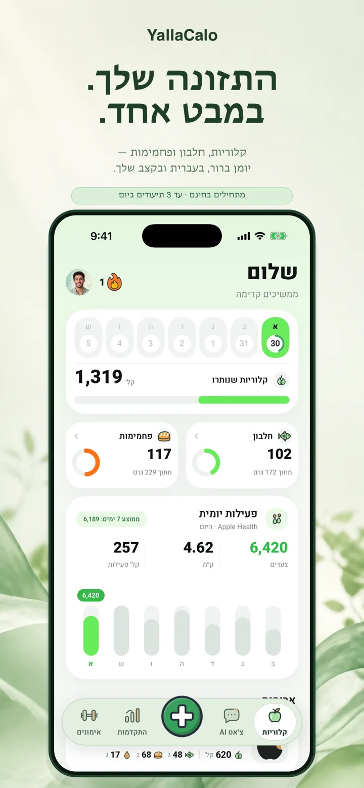 מסך הבית: קלוריות, מאקרו ופעילות יומית